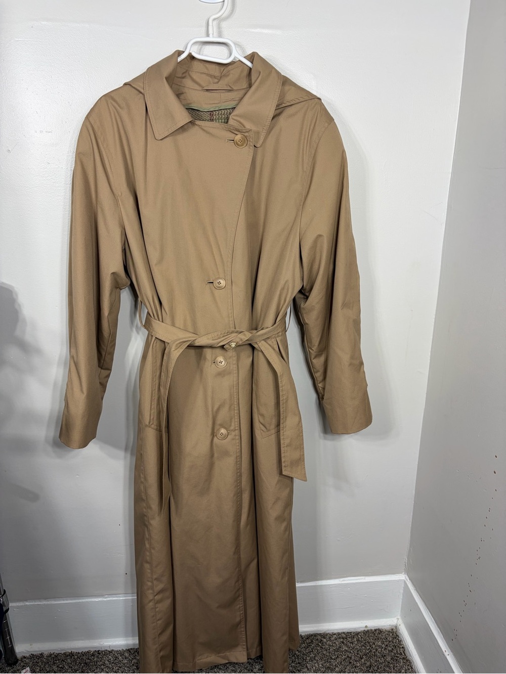 Vintage London Fog Towne Trench Coat Tan Hooded Belted Plaid Liner Womens 10 - Picture 3 of 6
